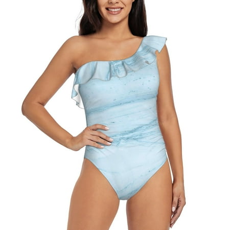 Uemuo Light Blue Marble Print Women s One Piece Swimsuit Asymmetrical Neck Bathing Suit One Shoulder Side Cutout Ruffle Swimwear-