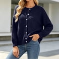 thumbnail image 4 of VSSSJ Women's Button Down Knit Cardigan Round Neck Loose Solid Long Sleeve Sweater Jacket Outerwear Casual Fall Winter Outfits Navy M, 4 of 7