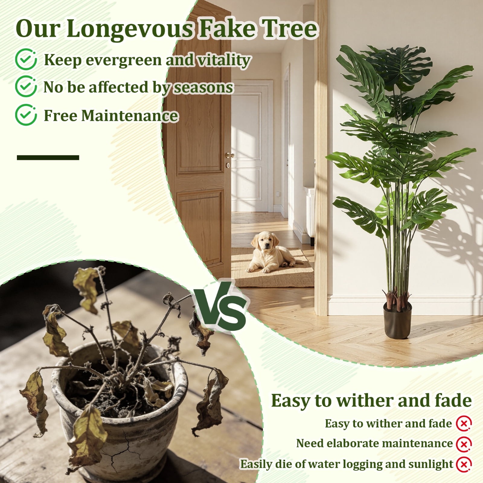 BEAUTYPEAK 5.3FT Artificial Plant Fake Indoor Monstera Plant Decorative Outdoor Greenery in Black Pot