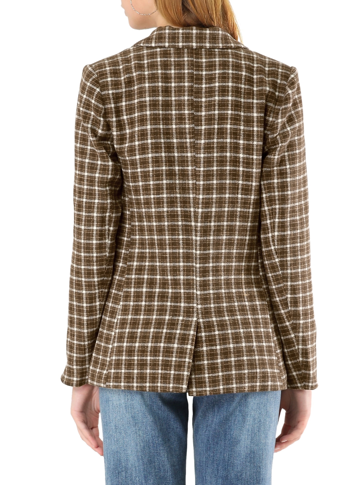 DARING DIVA Women's Boyfriend Notched Lapel One Button Blazer Suit Plaid Blazer Jacket L Coffee