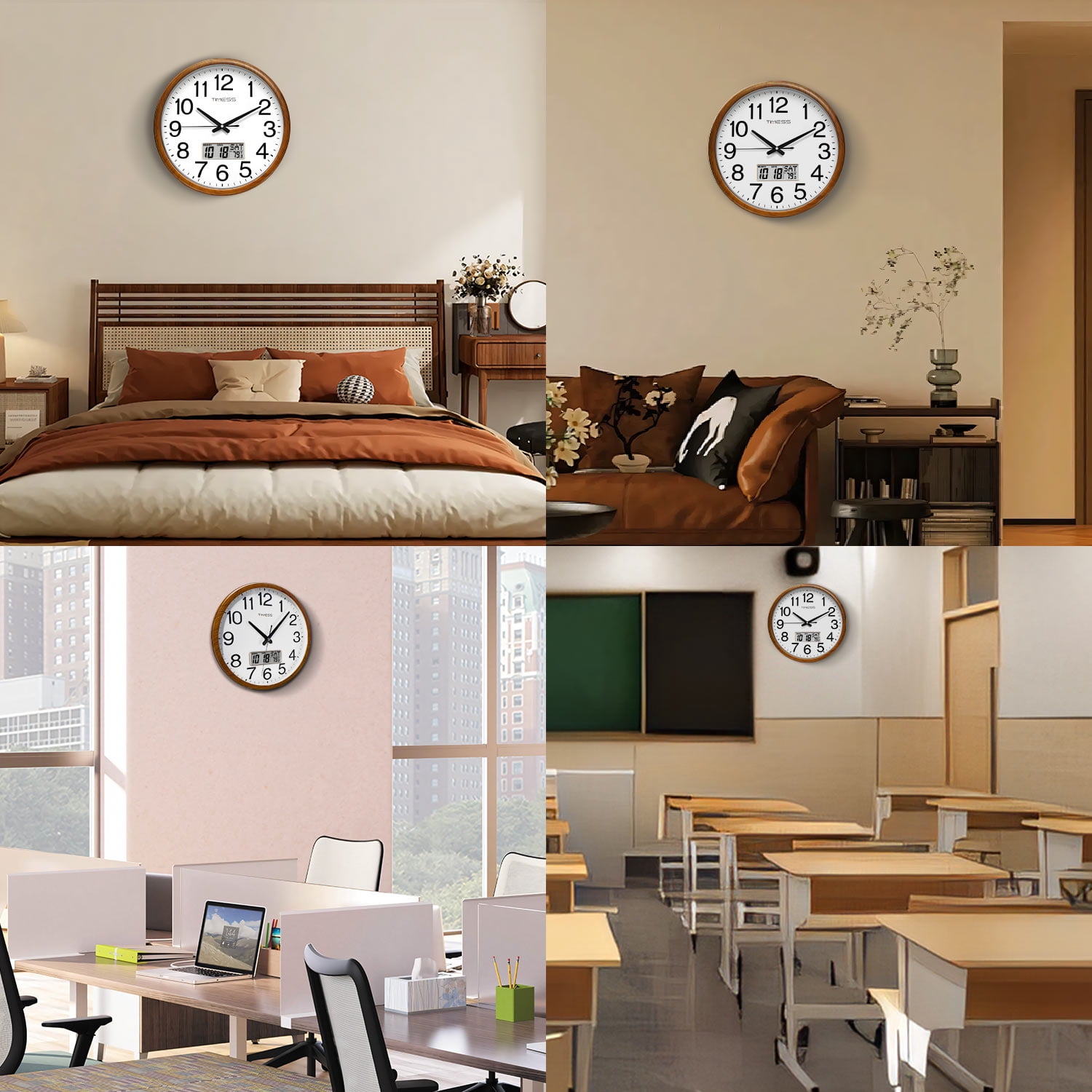 TIMESS 13" Digital Wall Clock with Light Wood Frame, Built-in Calendar & Thermometer, Quiet Quartz