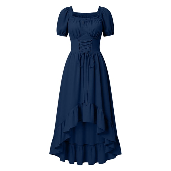 Classic Short Sleeve Ruffle Cinched Waist Halloween Night Outfit Look Vintage Dress Up Look Medieval Banquet Ball Gown Summer Renaissance Dress for Women