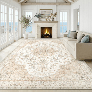 CHITOOMA 8'x10' Boho Area Rugs for Living Room, Machine Washable Floral Area Rug with Non-Slip Backing, Stain Resistant Non-Shed Carpet for Bedroom, Dining Room, Dorm, Office