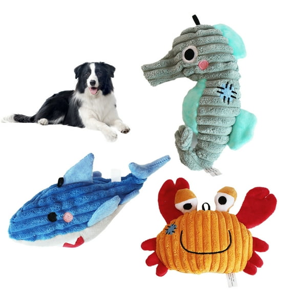 Cute Stuffed Pet Dog Toys 3pcs Pack Corduroy Fabric Plush Toy with Squeaker Seahorse Crab Shark Interactive for Small Medium Breeds Chew Toy Set