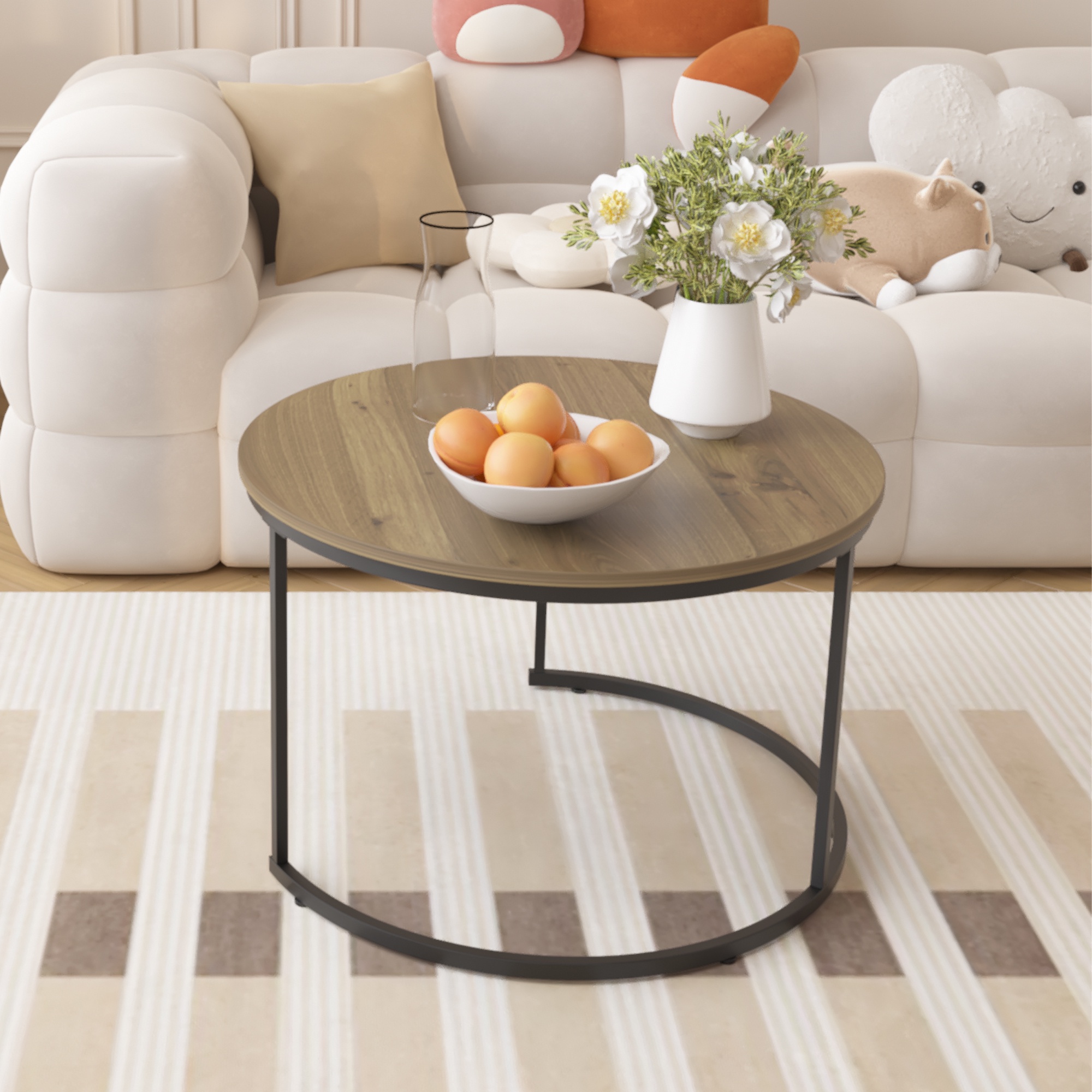 PORKISS Round Coffee Table Set of 2, 27.56" Nesting Center Tables for Living Room, 2-Piece Side Tables with Metal Frame for Living Room Home Office, Brown