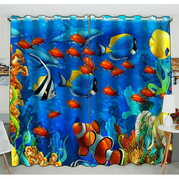GCKG Sea World Window Curtain,Underwater World Ocean Animals Fish Coral