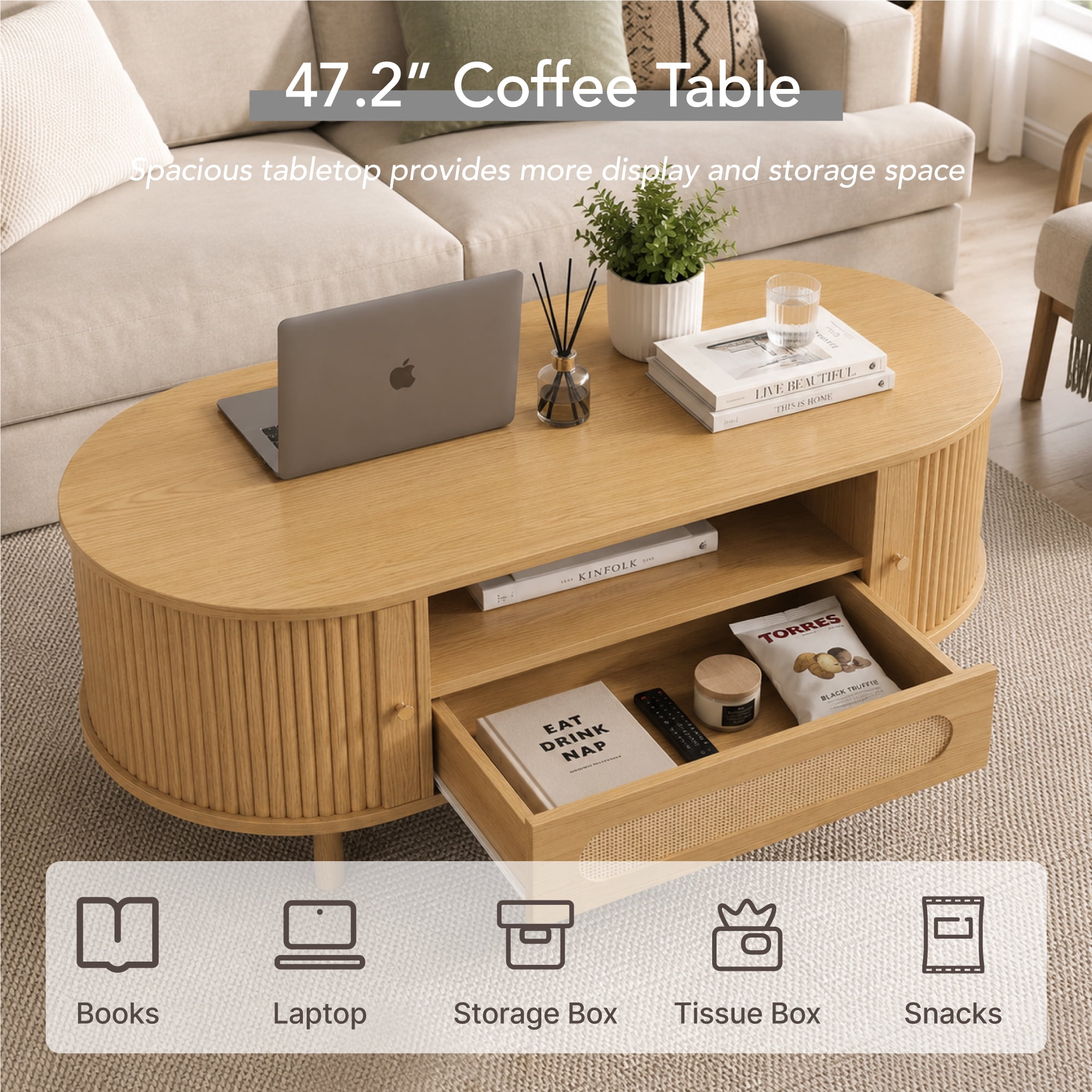 Spruce & Spring 47.2" Mid-Century Modern Rattan Coffee Table with Sliding Doors and Open Storage, Oval Center Table with Rattan Drawer, Solid Wood Legs for Living Room, Oak