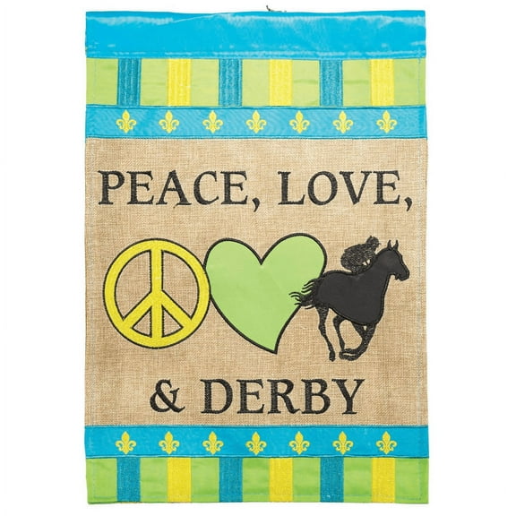 Magnolia Gardens M011401 13 x 18 in. Double Applique Peace Love & Derby Burlap Garden Flag