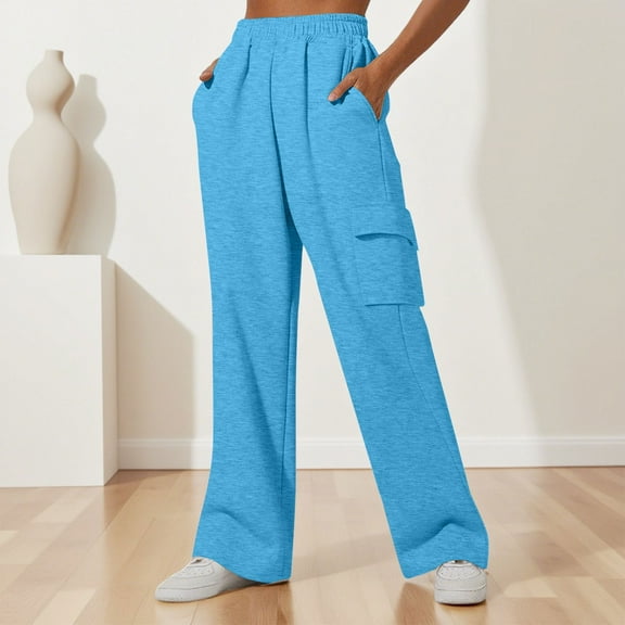 Women's High Waist Loose Fit Sports Pants with Pockets Comfortable Elastic Waistband Jogging Trousers Casual Style Lounge Wear Blue L