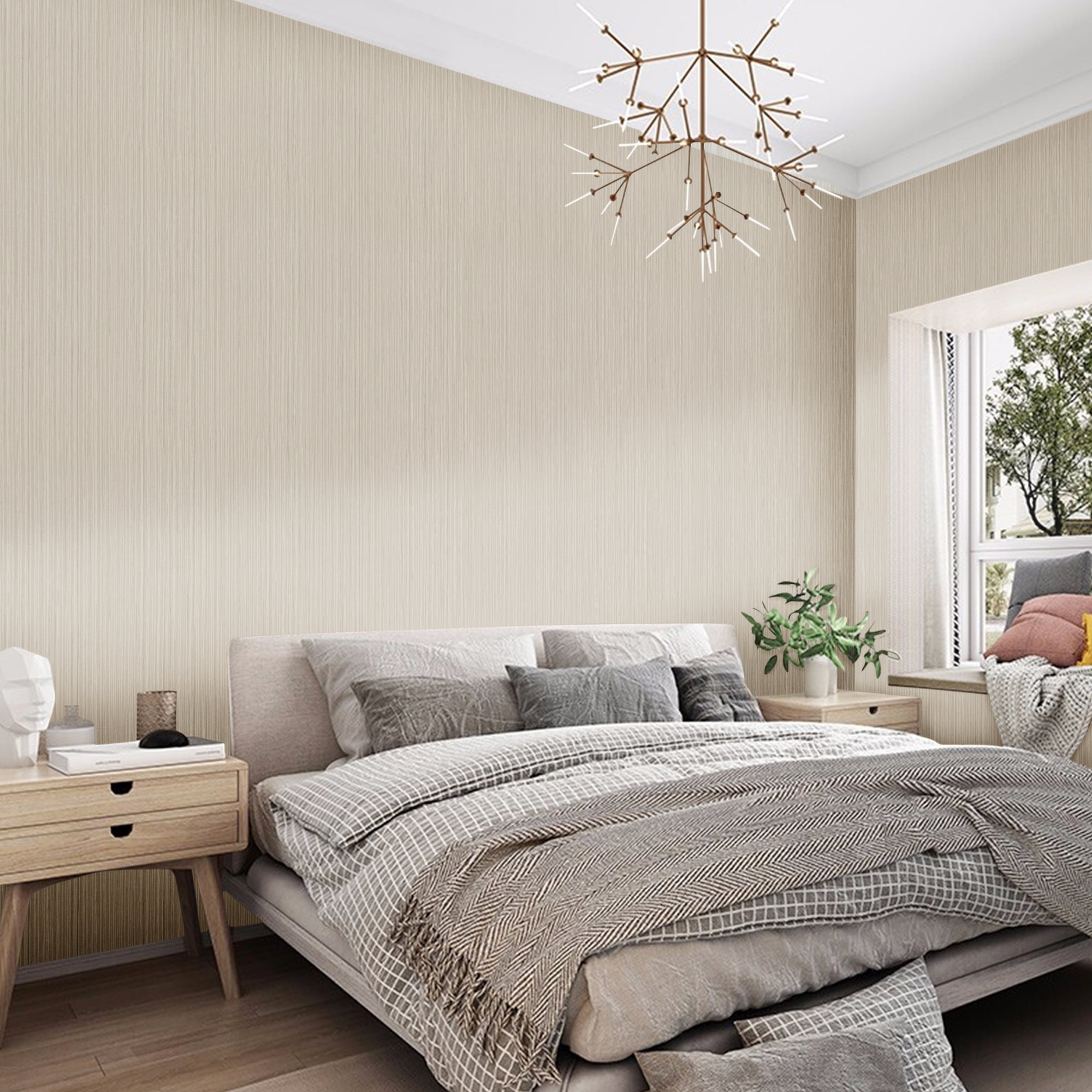 Abyssaly 17.7" x 393.7" Beige/Silver Grasscloth Peel and Stick Wallpaper Self-Adhesive Texture Wallpaper Removable Vinyl Film Solid Color Wallcovering Wall Paper for Furniture Wall