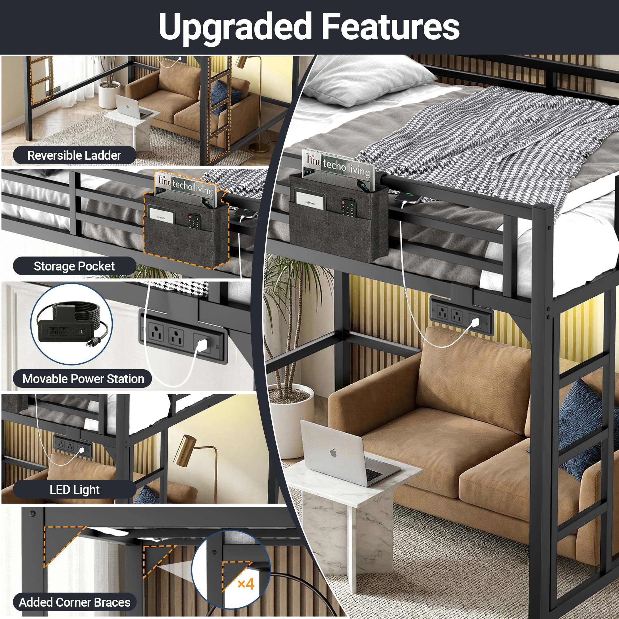 Miniyam Queen Metal Loft Bed with LED and Charging Station for Adults and Apartments, Black