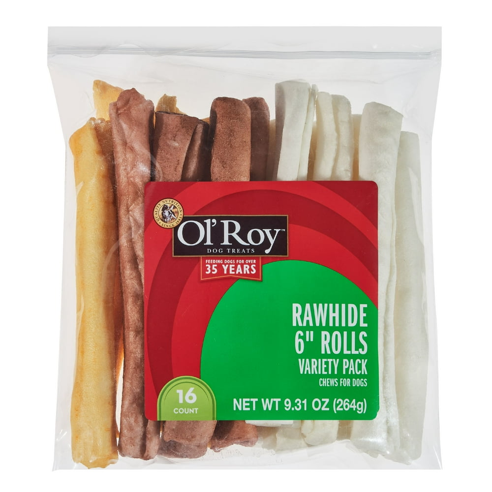 Ol' Roy Rawhide 6" Rolls Variety Pack Chews for Dogs, 9.31 oz, 16 Count