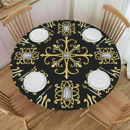 

Mandala Dark Green and Goldenrod Wrinkle Resistant Circular Table Cover for Farmhouse 57 -66 24jl19caA47