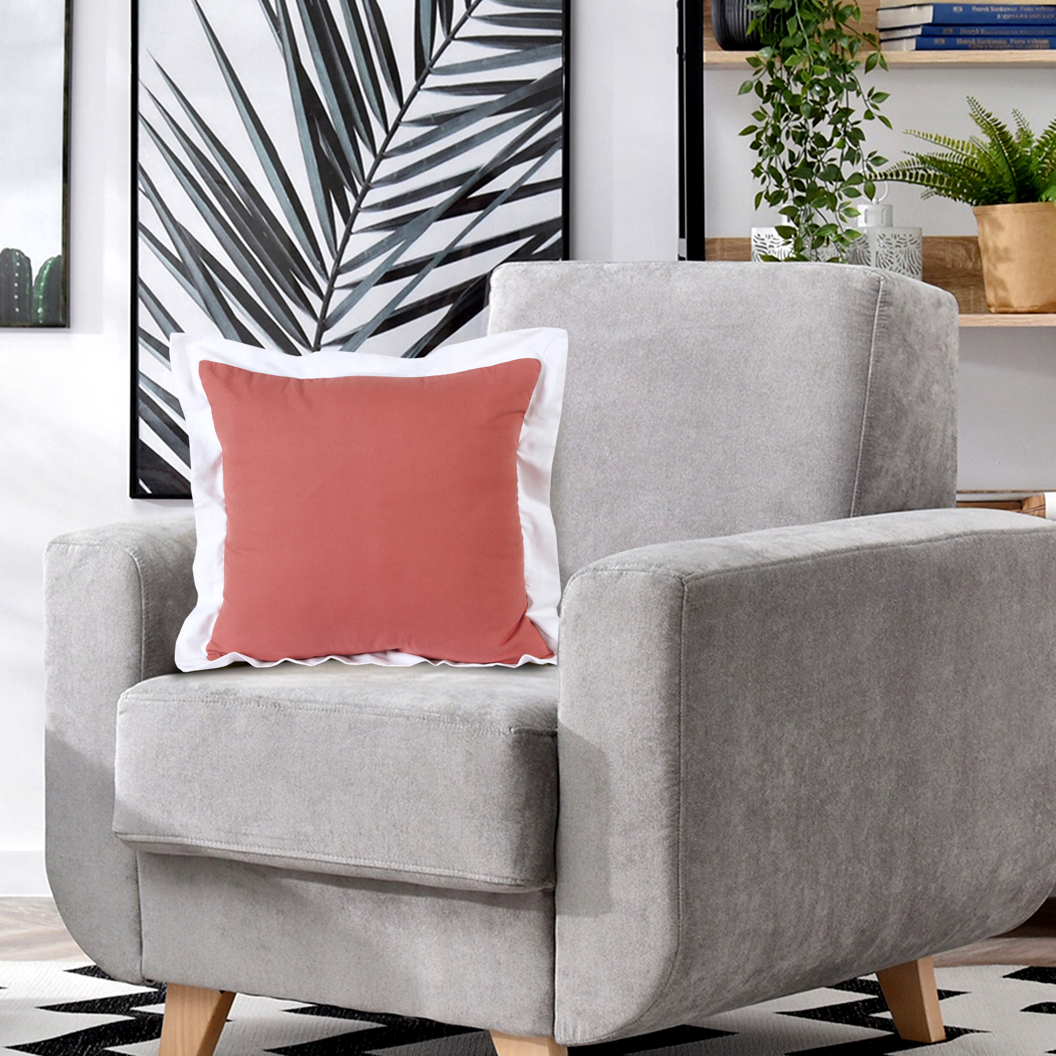 Ox Bay 20" x 20" Modern, Traditional, French, Country Deep Coral Pink, White, Multi-color Border, Colorblock, Flange Cotton Throw Pillow , Zipper, Back Support