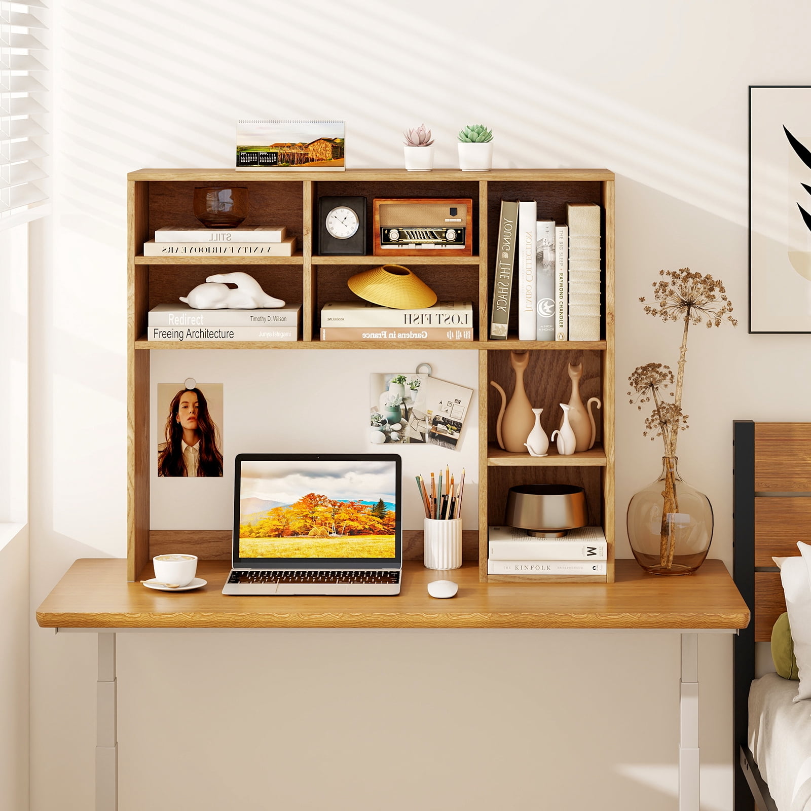 Topbuy Desktop Bookshelf 37" Countertop Storage Hutch with 7 Cubes & 3 Adjustable Shelves 3-Tier Desk Display Rack Organizer Desktop Hutch Natural