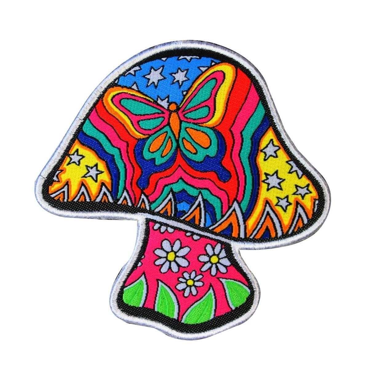 2Pcs Mushroom retro 70's hippie love peace embroidered applique iron-on pahm 