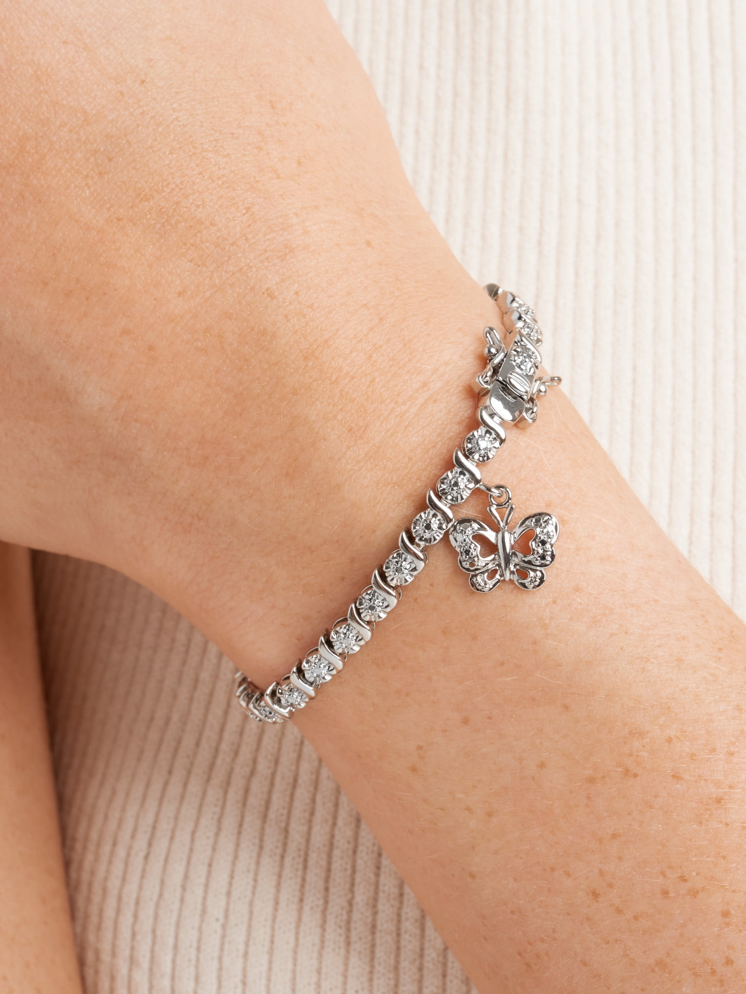 Morgan & Paige Rhodium Plated Diamond Accent Butterfly Charm Tennis Bracelet, 7.25"