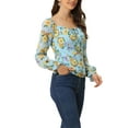 thumbnail image 4 of INSPIRE CHIC Women's Floral Smocked Top Elegant Puff Long Sleeve Square Neck Blouse M Light Blue, 4 of 6