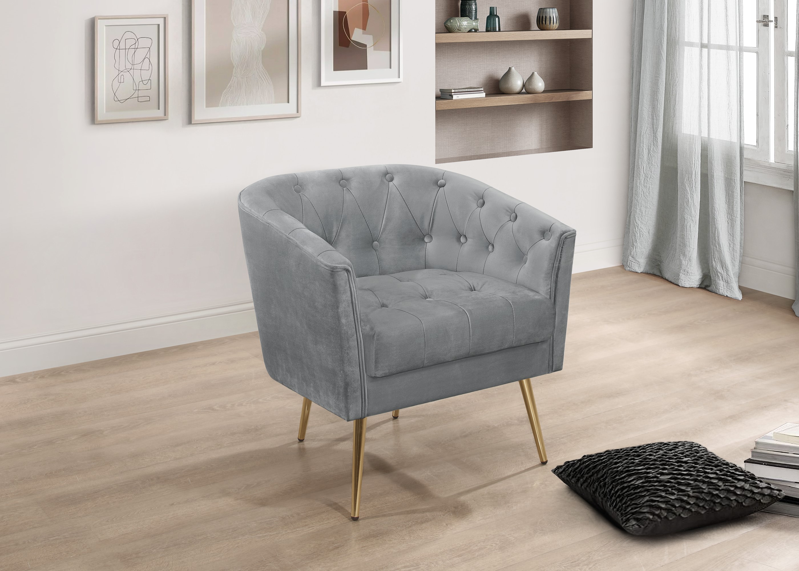 Home Design 2-Piece Cassy Velvet Flared Arm Living Room Furniture Set with Chair with Stool, Loveseat with Coffee Table, Silver Gray