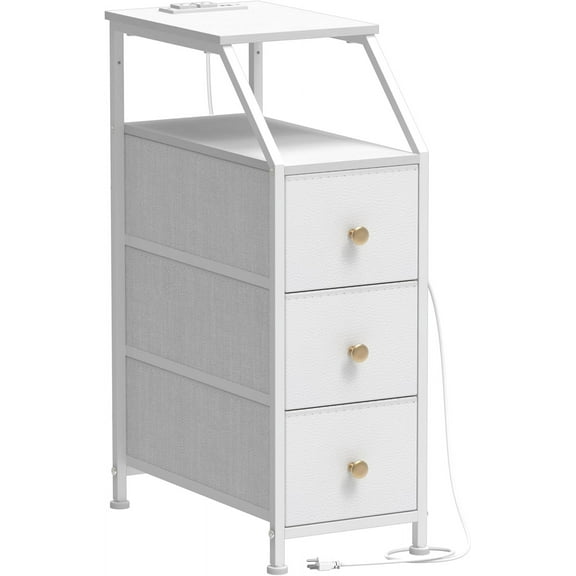 Narrow Dresser Tall Skinny Storage Tower Vertical Slim Chest of Drawers with Charging Station Small Nightstand Side Table for Bedroom, Bathroom, Small Spaces (White, 3 Drawers)