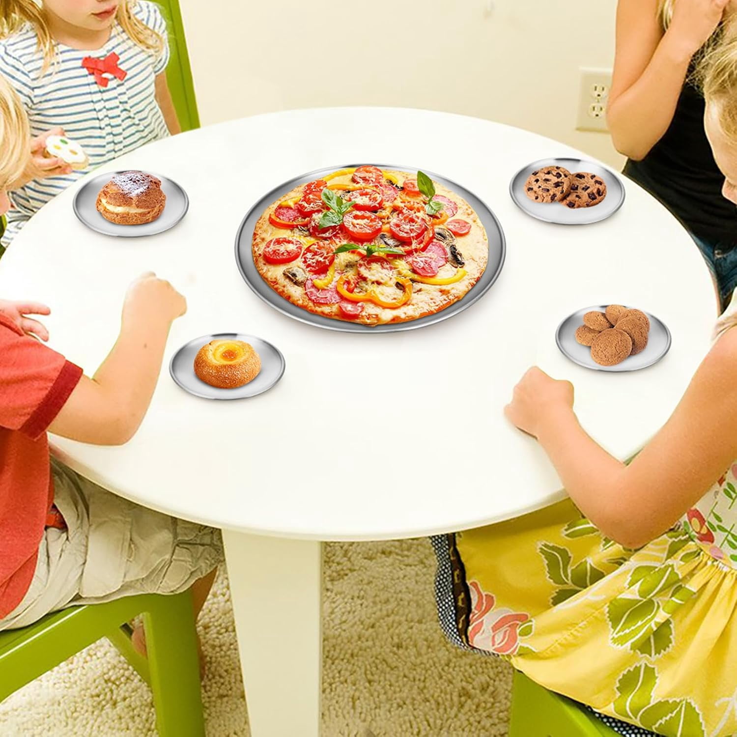 Stainless Steel Plates, 6 Pack 11.8 inch 304(18/8) Metal Food Serving Plate Set, Reusable Snack Eating Dishes Round Shatterproof Plate Silver BBQ Dinner Lunch Dinnerware Oven Dishwasher Safe
