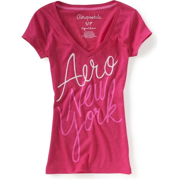 Camiseta gráfica Aeropostale Aero New York Escote en V para mujer rosa mediana