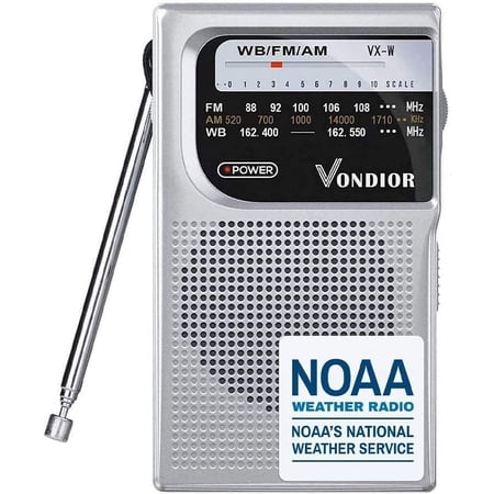 NOAA Weather Radio - Emergency NOAA/AM/FM Battery Operated Portable Radio with Best Reception and Longest Lasting Transistor. Powered by 2 AA Battery with Mono Headphone Socket, by (Silver)