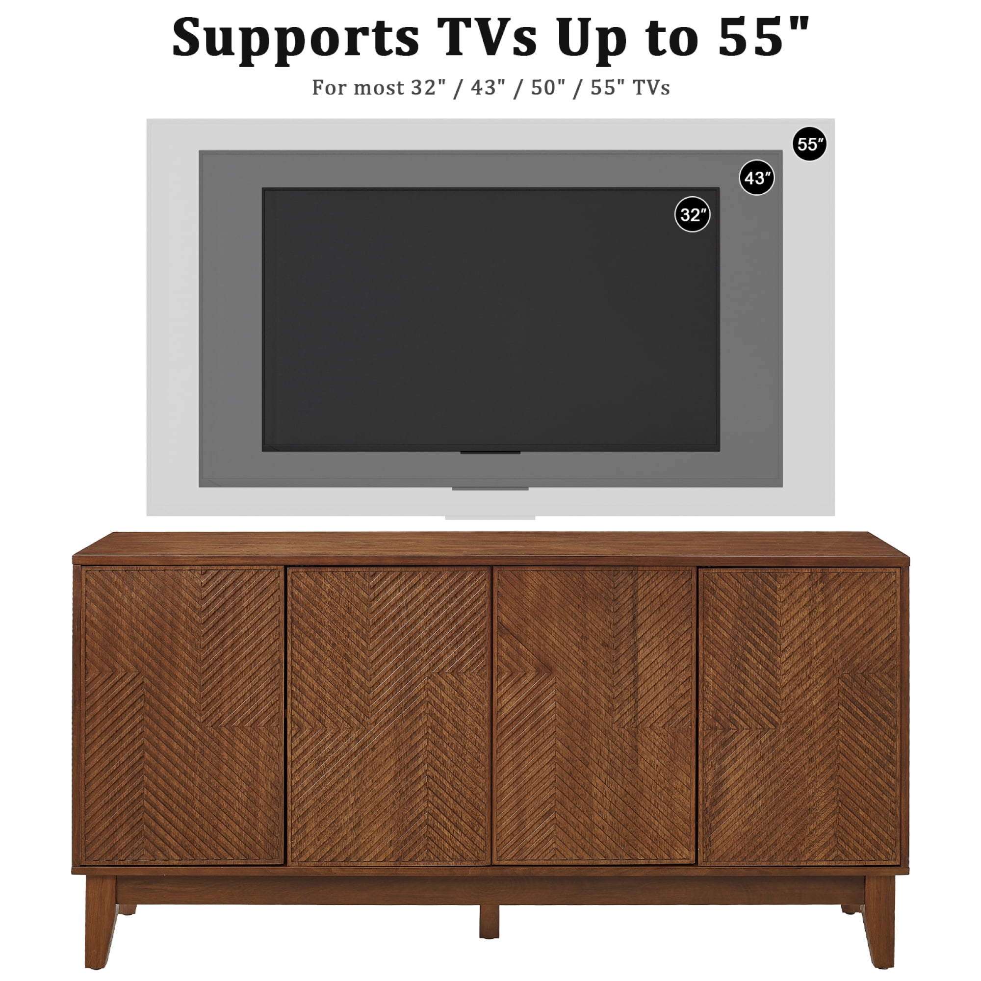 Leumius 56" Mid Century Modern TV Stand, Wood Storage Cabinet with Carved Geometric Doors, 4 Door Media Console, Sideboard Buffet Cabinet for Living Room Dining Room Entryway Walnut