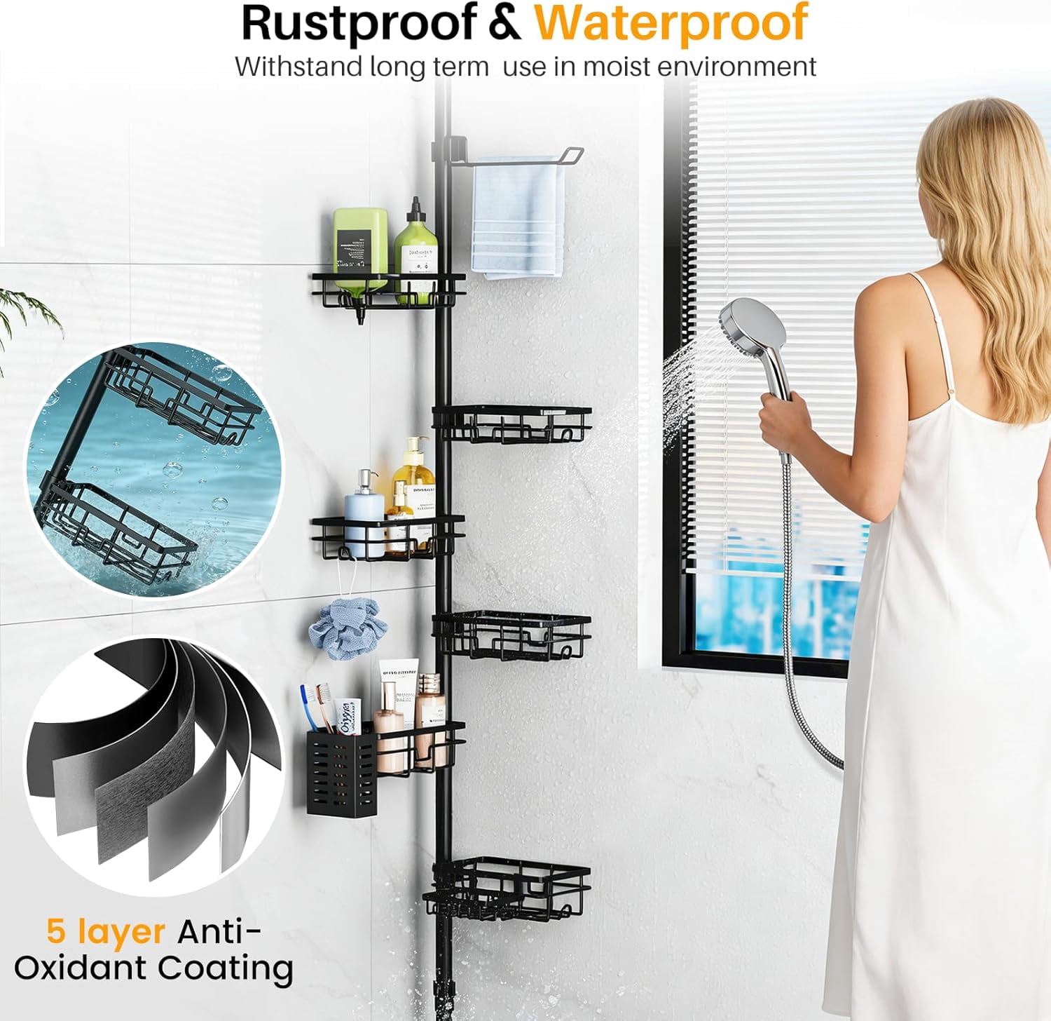 Corner Shower Caddy Organizer Tension Pole, Adjustable 6 Shower Shelves Corner Shelf 30-120Inch Rustproof Shower Rack for Inside Shower, Extra Towel Bar Soap Dish Bathroom Organizers and Storage
