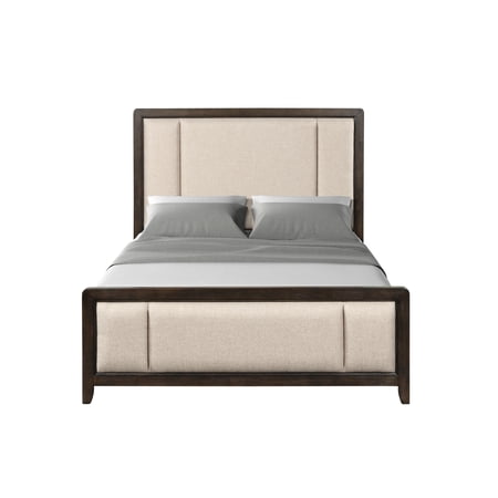 King Bed Frame with Upholstered Headboard and Footboard Solid Wood and MDF Construction Antique Brown Wood Finish and Beige Fabric Traditional Styling for Master Bedroom