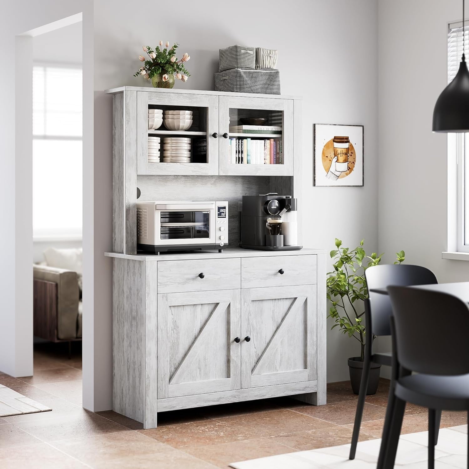 Kitchen Pantry Cabinet with Microwave Stand, Freestanding Hutch Cabinet with Buffet Cupboard, Tall Storage Cabinets with Adjustable Shelves for Kitchen, Dining Room