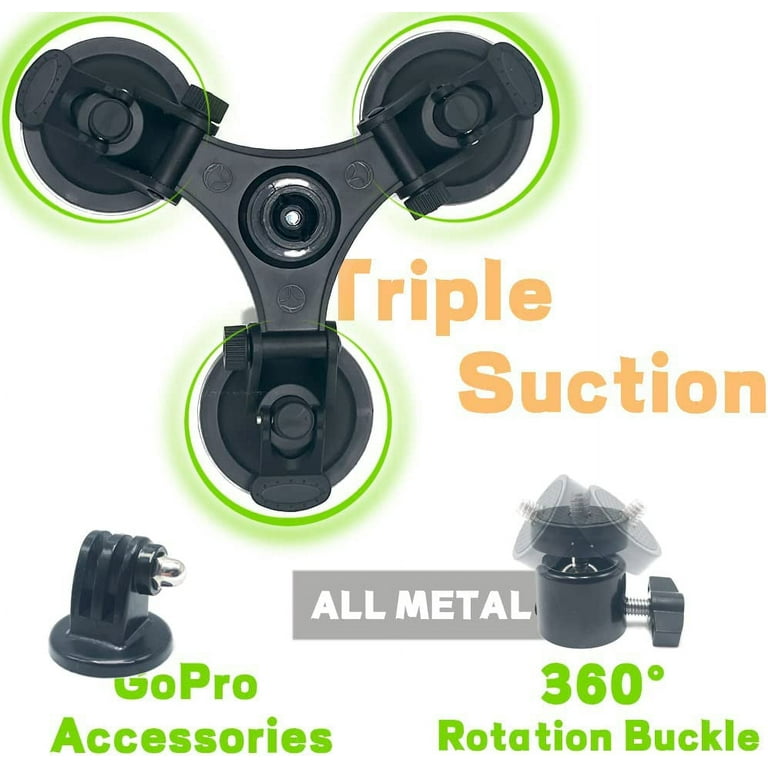 Triple Suction Cup Mount Holder Action Camera Car Windshield Mount with 1/4  Threaded Head 360 Degree Tripod Ball Head