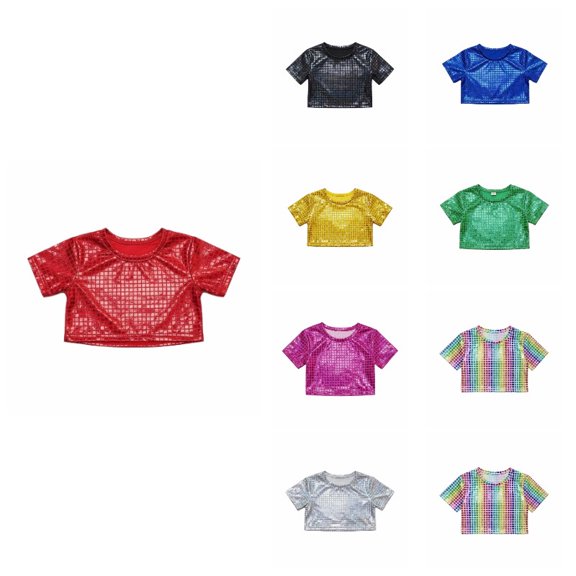 Krdevn Metallic Shiny Short Sleeve Round Neck Crop Top, Stage Performance Comfortable Tee (Little Girls, Big Girls),7-8 Years