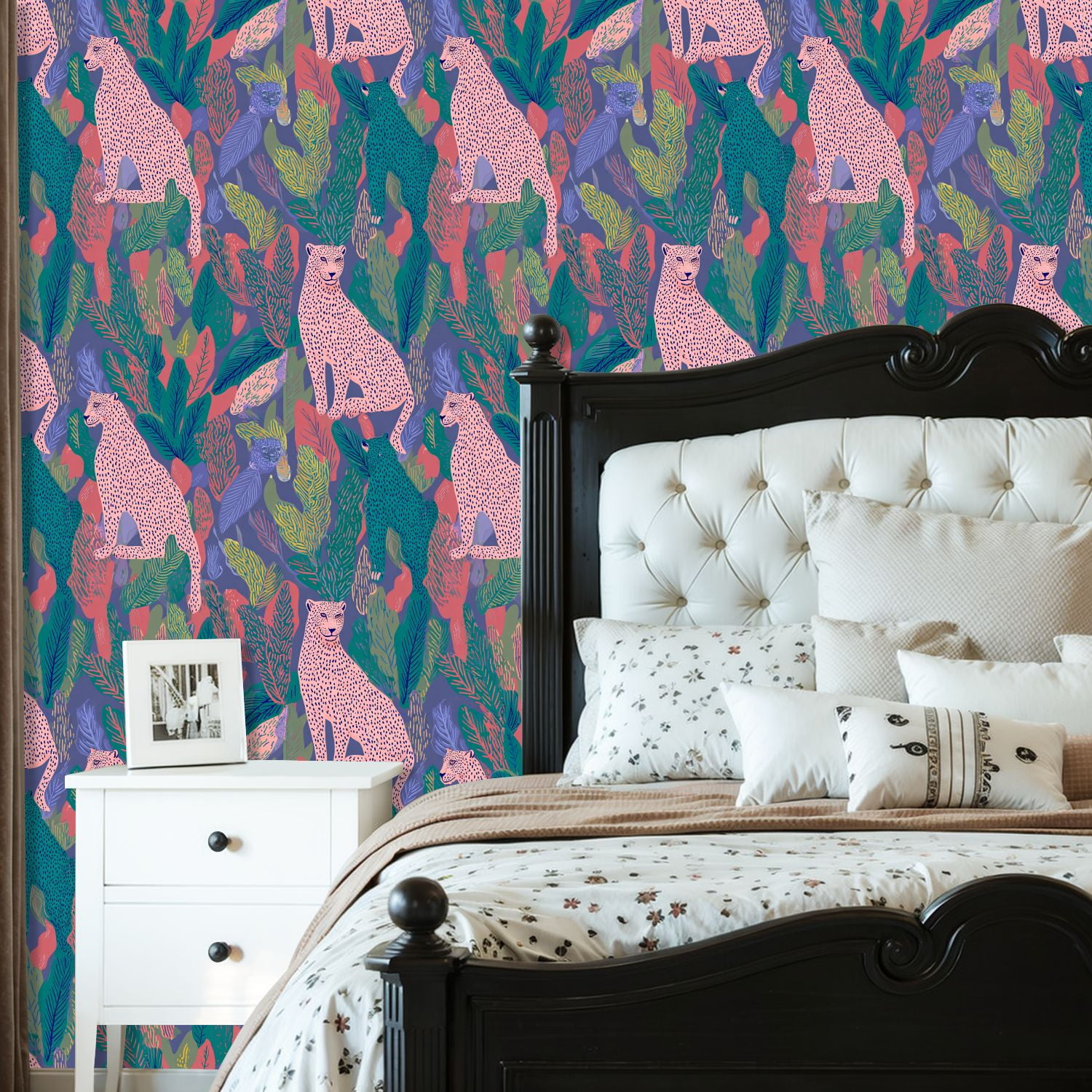 Cheetah Peel and Stick Wallpaper 23.6in x 9.8ft Pink Teal Cheetah Jungle Tropical Leaves Purple Contact Paper Vinyl Waterproof Self Adhesive Wall Paper for Bedroom Shelf Cabinet Renter Friendly