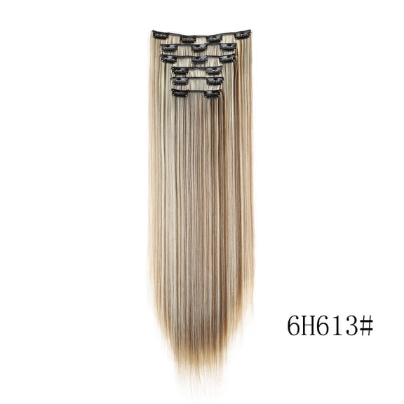 Xiao Hua Clip style Hair Extension Wig -24 inches long, Brown White thick hair extensions, 6-piece set, with detachable clips, used for wedding hair extensions, event hairstyles