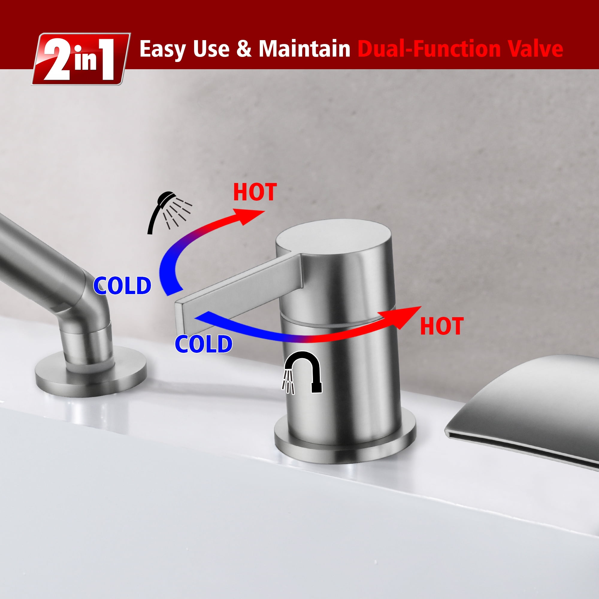 SUMERAIN Brushed Nickel Bathroom Roman Tub Faucet, 3-Hole Deck Mount Waterfall Bathtub Faucet with Hand Shower