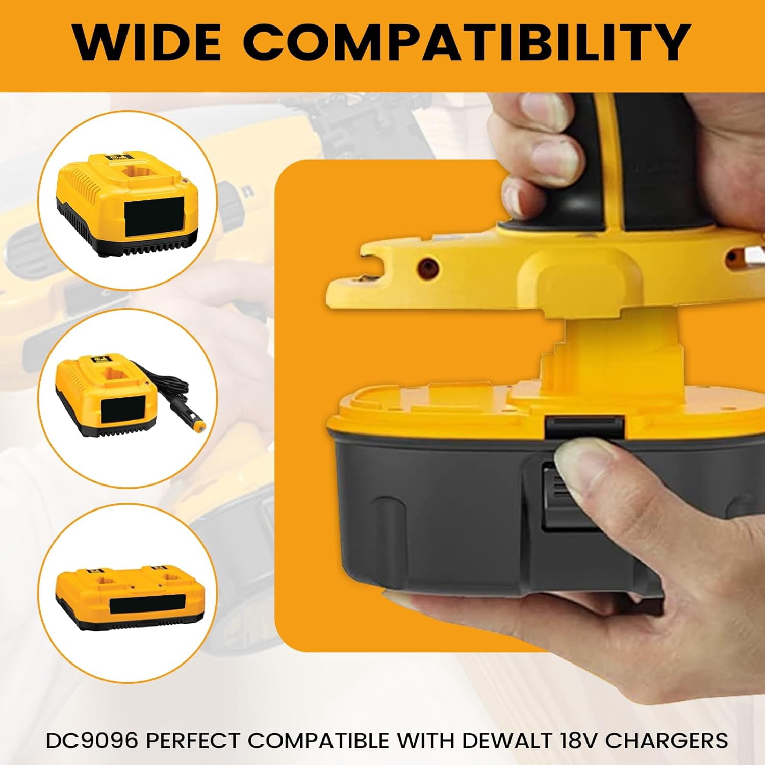 4.5Ah DC9096 Replacement for Dewalt 18 Volts NI-MH Battery DC9098 DC9096 DC9091 DE9057 DW9116 with DC9310 Fast Charger Replacement for DEWALT 7.2V-18V Battery Charger