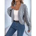 thumbnail image 4 of Cardigan Sweaters for Women Crochet Open Front Short Jacket Fall Winter Lantern Sleeve Cover Up Grey S, 4 of 9