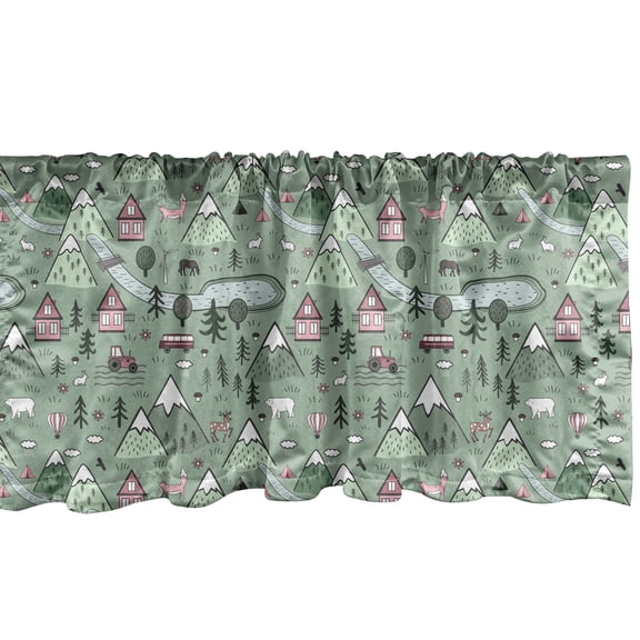 Ambesonne Cartoon Valance Pack of 2, Nordic Nature Village Fox, 54"X12", Laurel Green Pale Pink