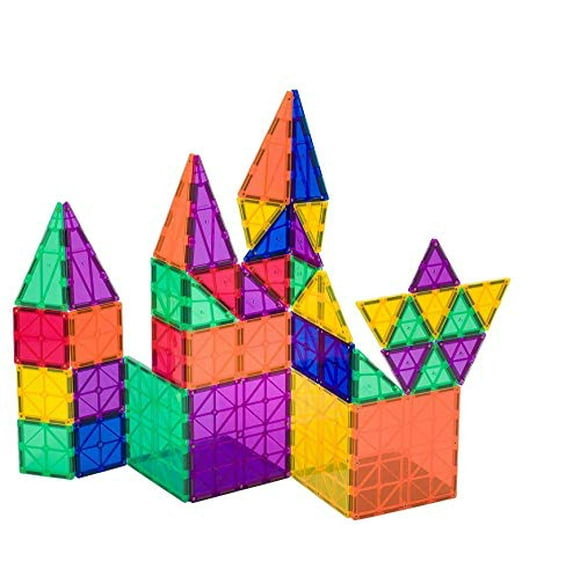 Playmags Award Winning Clear Colors Magnetic Tiles Building Set 50 + 6 Pc Set with Car - STEM Magnetic Toys Develop Motor Skills & Creativity, Colorful, Durable Magnet Building