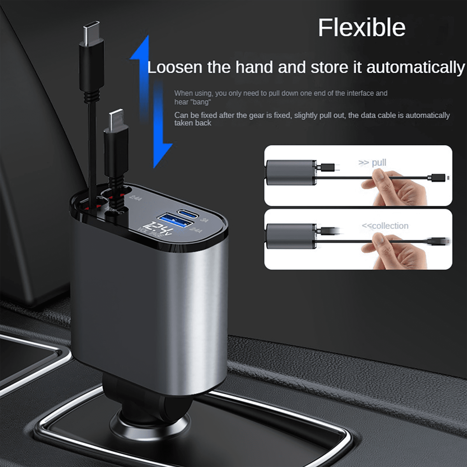 Rapid 100W Car Charger with Dual USB Flexible Telescopic Line Fast Charging for Multiple Devices