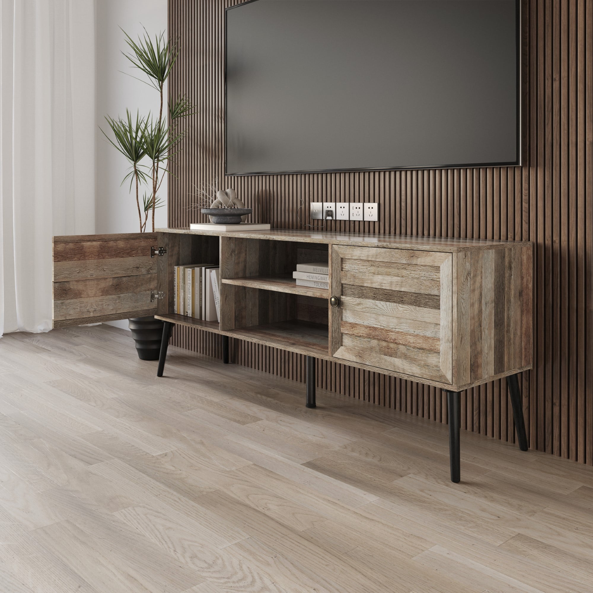 Home Design Dixon 63" TV Stand with Spacious Storage Compartments and Open Shelves, Modern Vintage Design for Living Room, Natural Oak