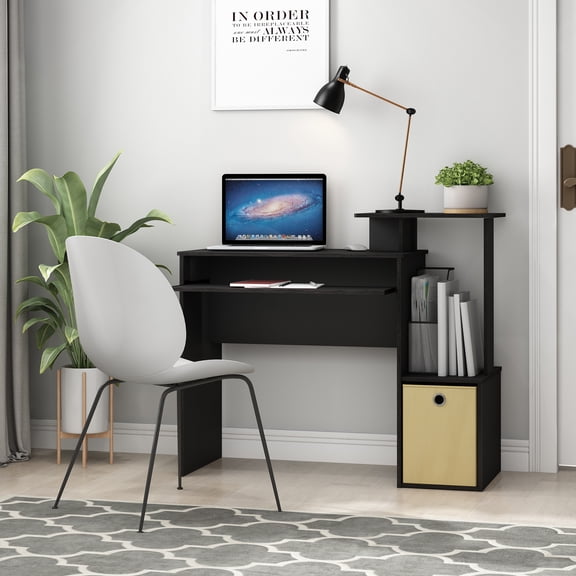 Furinno Econ 40-Inch Black Computer Desk Side Shelves, Office Desk with Keyboard Tray and Storage Bins, Rectangular Gaming Desk for Home Office, Bedroom, Study Room, Classic Black
