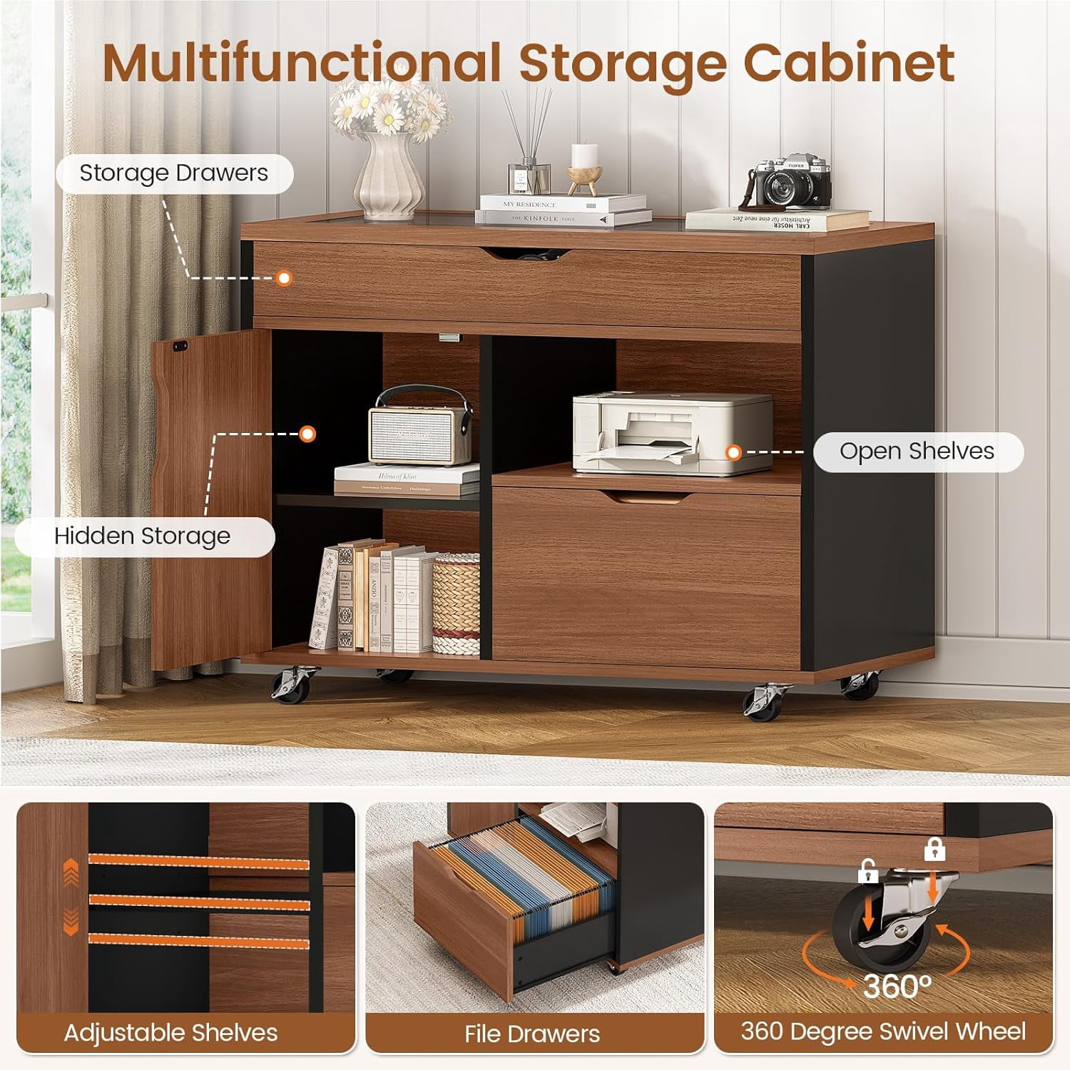 SEDETA L Shaped Computer Desk with Mobile File Cabinet & Power Outlets, Executive Home Office Desk with Storage Drawers, Pegboard, Cable Management, Reversible L Desk for Work & Gaming, Black + Brown