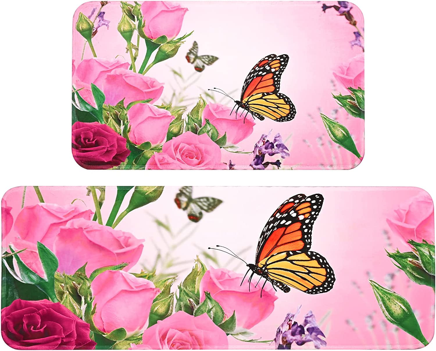 Kitchen Mats 2 PCS, Boho Floral Kitchen Rugs, Flower Butterfly Kitchen