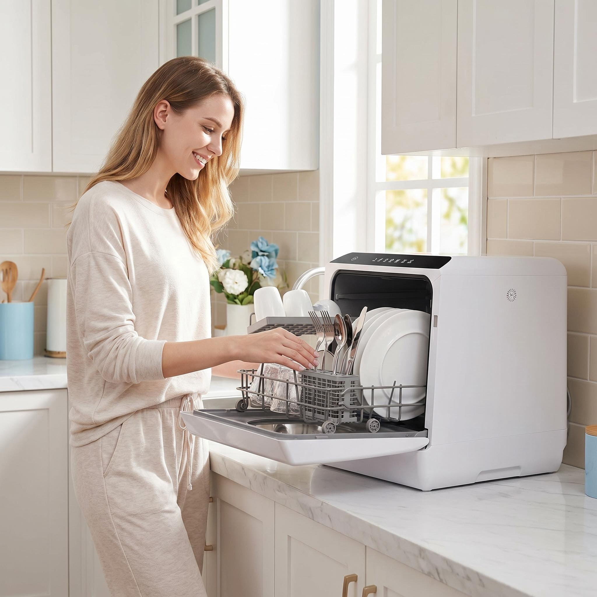 FUNGQI Portable Countertop Dishwasher, 5 Wash Programs with Baby Care & Fruit Modes, 29-Min Quick Wash, Low Noise Mini Dishwasher with Drying & Storage, Water Saving Design for Apartment, RV, Camping