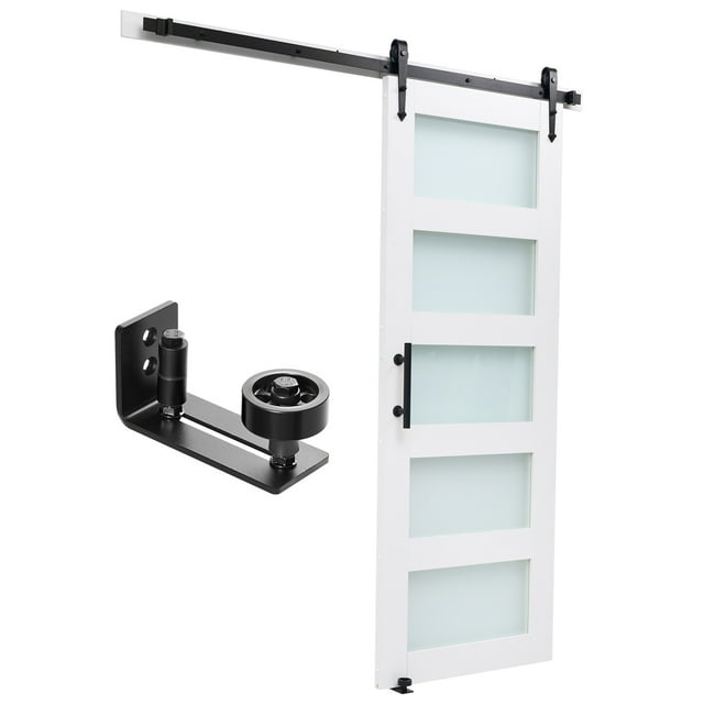 KFFKFF Sliding Barn Door, 36 x 84 inch, High-Strength MDF Panel and Glass, Barn Door with Hardware Kit, Water-Proof PVC Surface, Easy to Install, H-Frame