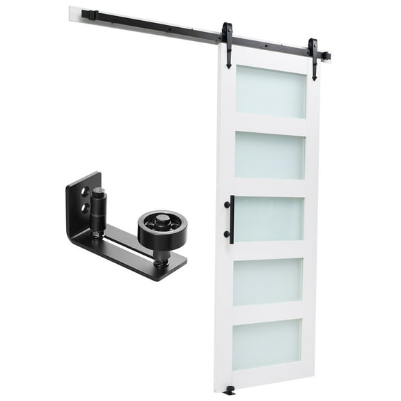 KFFKFF Sliding Barn Door, 36 x 84 inch, Durable MDF Panel with Glass, Barn Door with Hardware Kit, Water-Resistant PVC Coating, Simple Installation, H-Frame Design, Quiet and Smooth Sliding