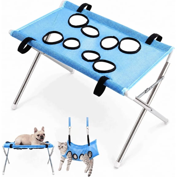2-in-1 Foldable Pet Grooming Bed, Dog Bathing Station with Dog Grooming Hammock, Foldable Dog Grooming Table, Quick Dry Mesh Pet Shower Holder for Small Pets (Blue)