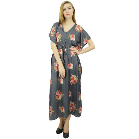Bimba Women's Long Getting Ready Gray Gown Drawstring Floral Kaftan Kimono - 6